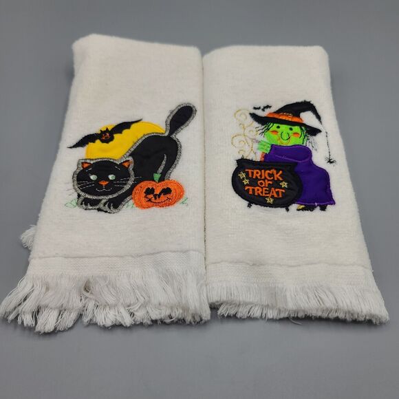 Fall Halloween Kitchen Hand Towel Set of 2 Embroidered Cat Witch - Picture 1 of 9